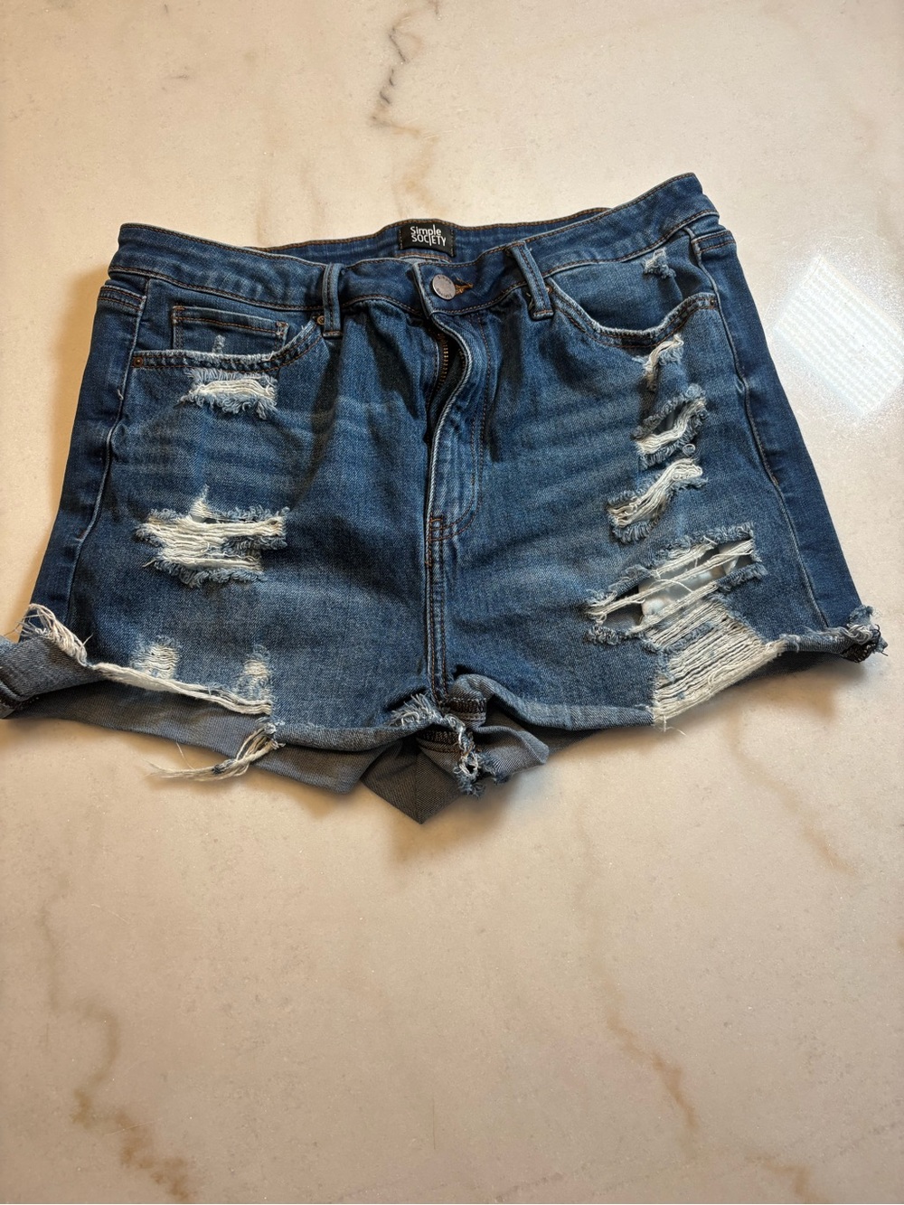 Simple Society Women's Distressed Dark Blue Denim Jean Shorts